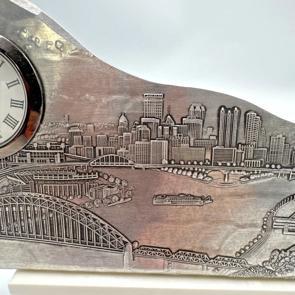 Pittsburgh Three Rivers‎ Skyline Pewter Desk Clock Allegheny Monongahela Ohio